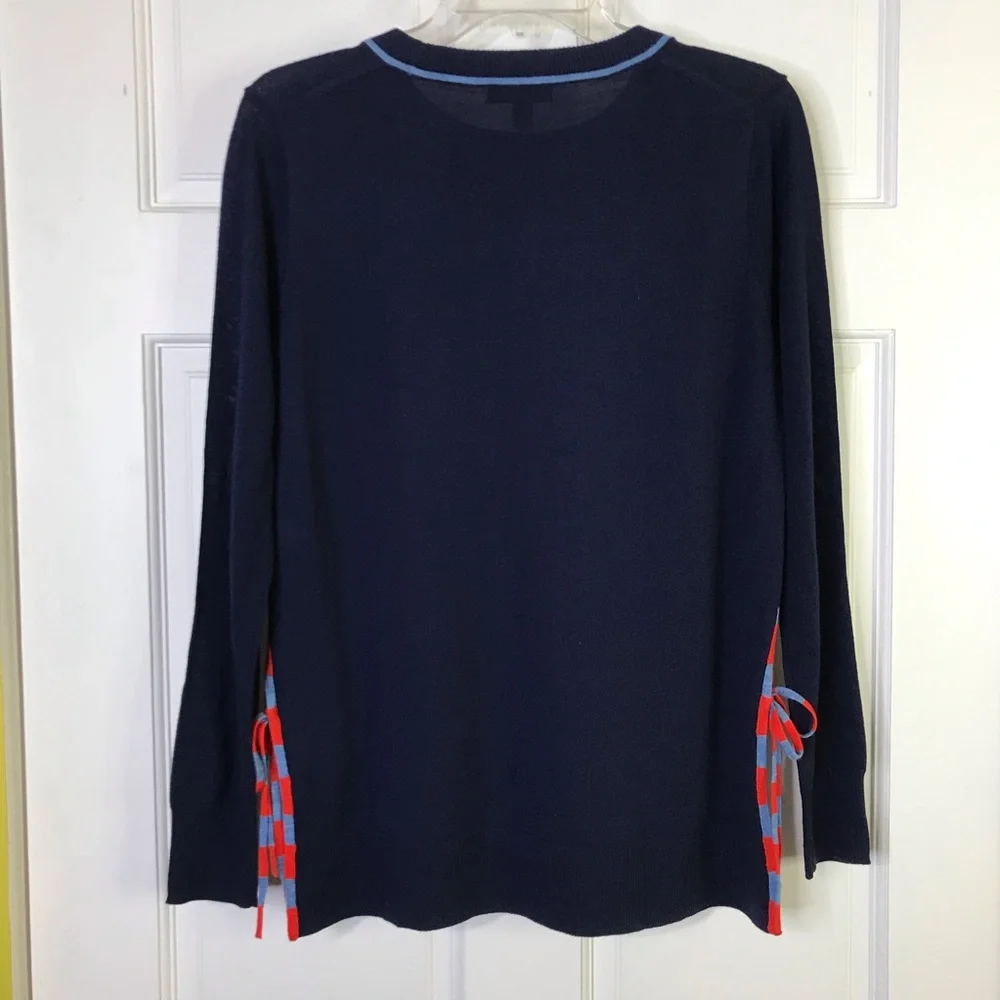 J. CREW Merino Wool Navy Sweater Side Slit Ties Size M